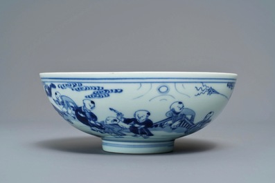 A Chinese blue and white 'playing boys' bowl, Yongzheng mark and of the period